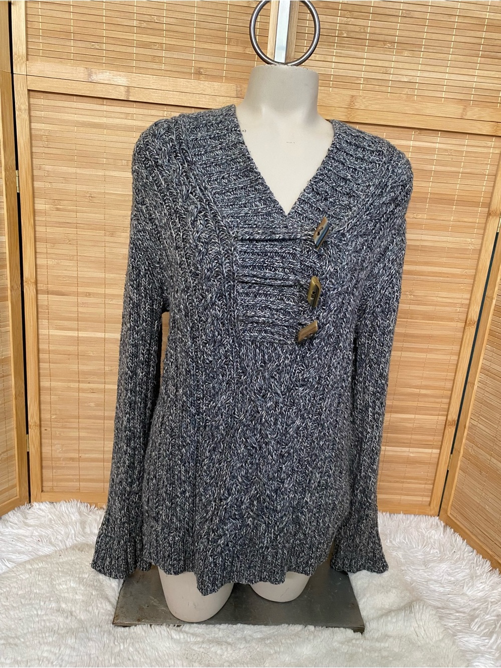 Vintage Old Navy Women's Gray Knit hooded Sweater toggle Wooden buttons Y2K L